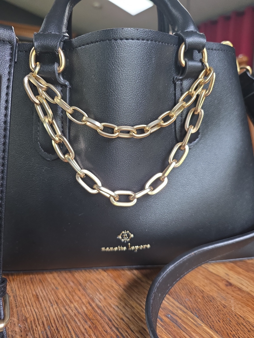 Nenette Lepore Black Faux Leather Top-Handle Crossbody Bag Gold Chain Purse